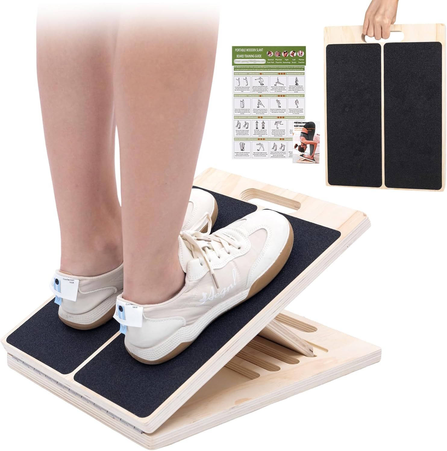Demonstrates the product in active use with a person standing on the adjustable slant board, showing how it functions for balance training and stretching exercises. Shows all included components of…