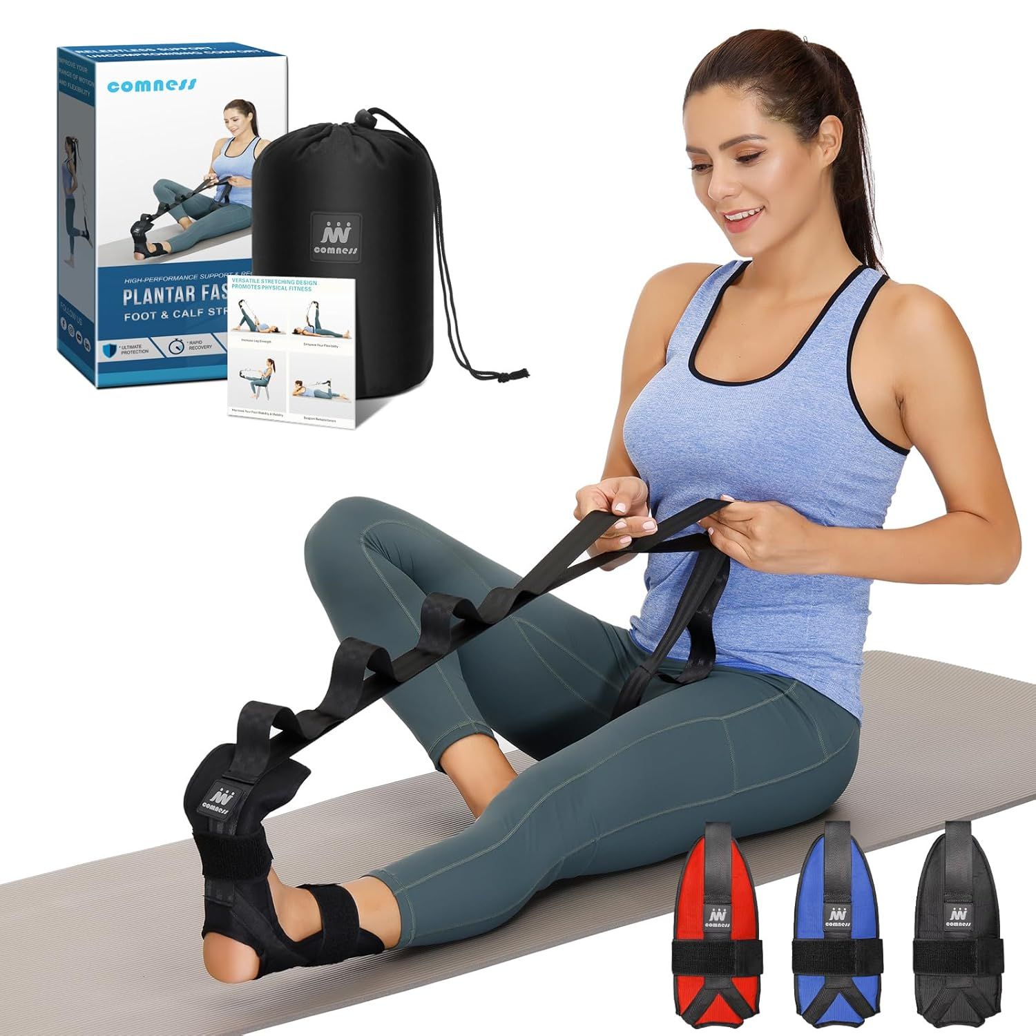 Shows a person actively using the plantar fasciitis foot stretcher to demonstrate proper positioning and usage, helping shoppers understand how to use the product and visualize themselves using it.…