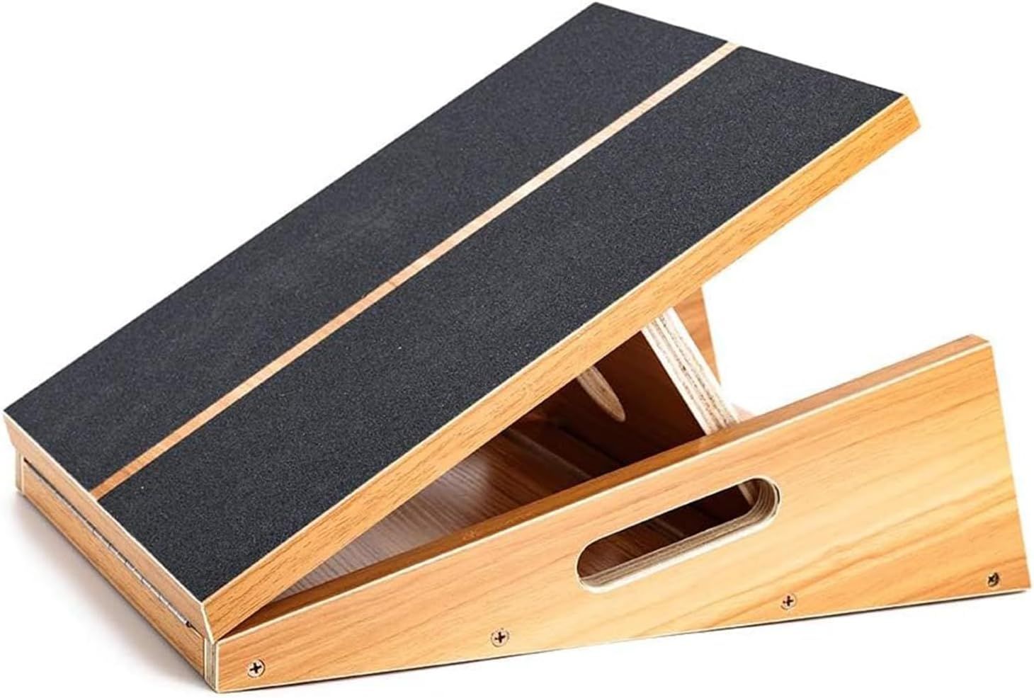 Shows the core product, a wooden slant board with non-slip surface, clearly displaying its adjustable angle mechanism to communicate its functionality for stretching and exercise. Demonstrates how…