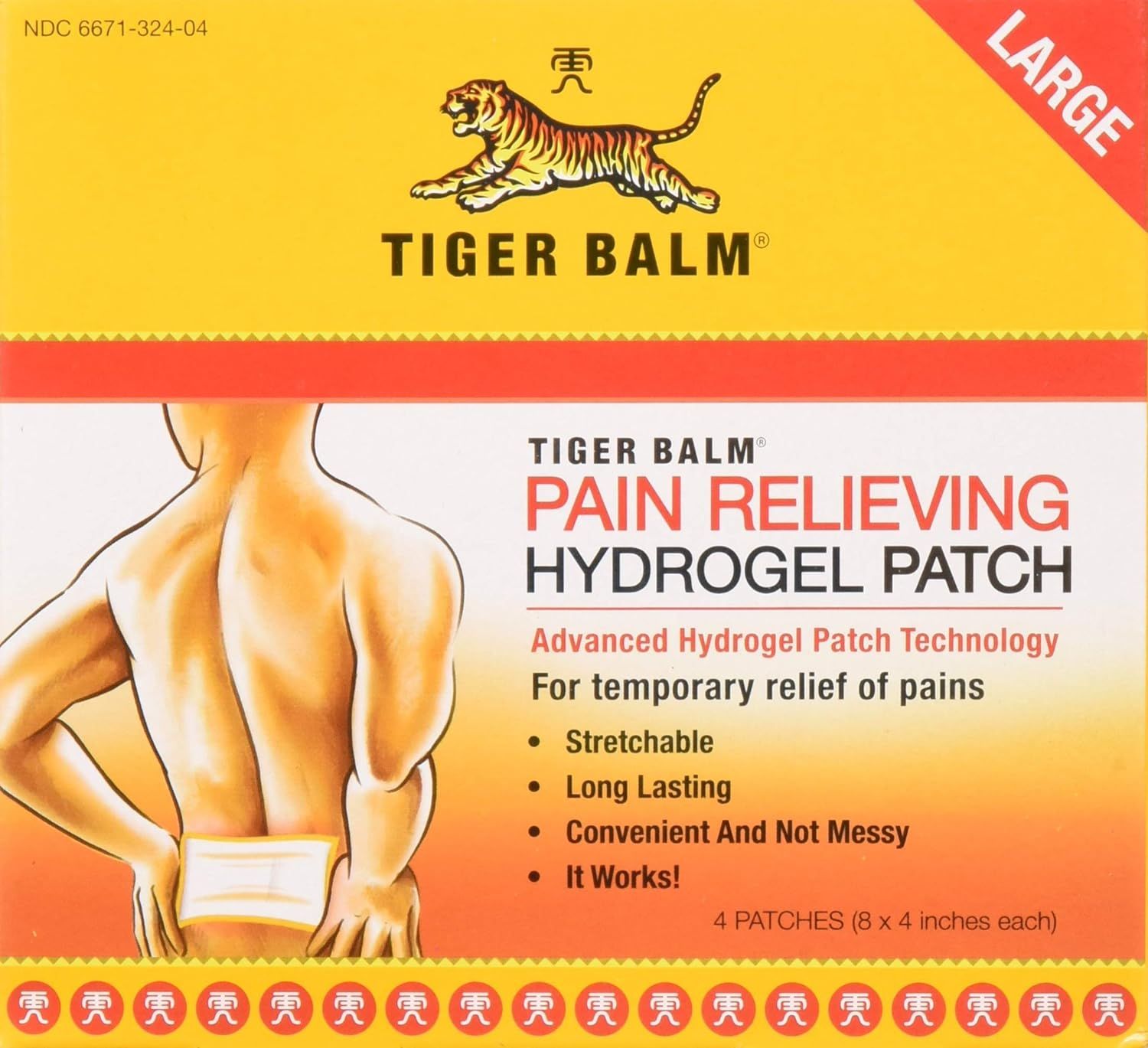 Shows the retail packaging to communicate the product's pain-relieving benefits, advanced hydrogel patch technology, and key features like stretchability and long-lasting relief to help shoppers…