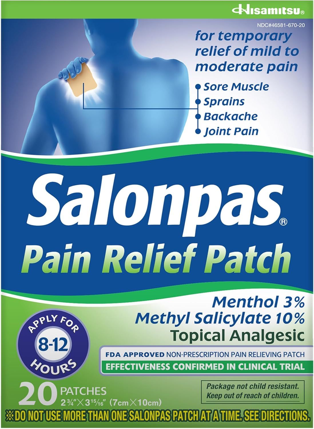 Shows the retail packaging with complete product information, branding, and usage details to help shoppers understand what they are purchasing and how the pain relief patches work. Demonstrates how…
