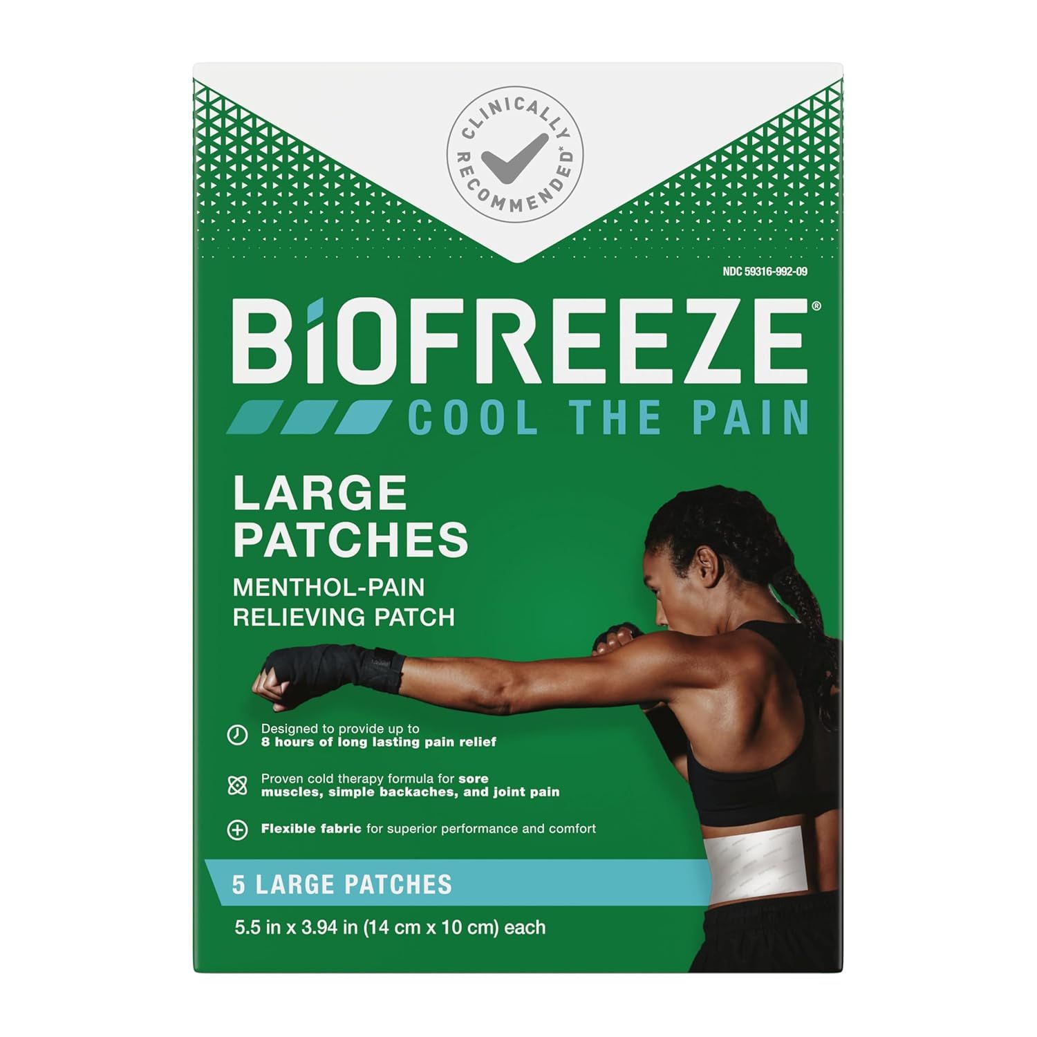 Shows the retail packaging with key product details, benefits, and usage information to help shoppers understand what they are purchasing and how the pain relief patches work. Demonstrates how the…