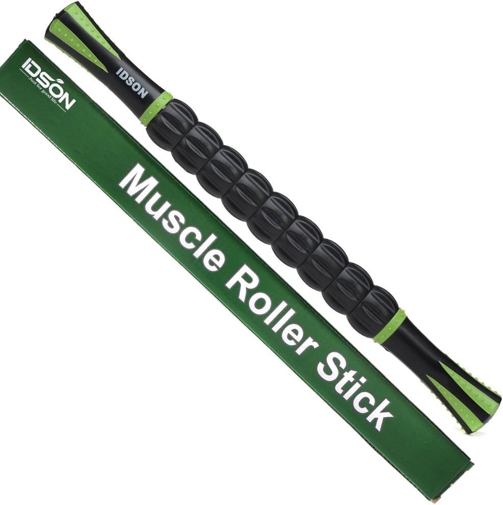 Displays the core product clearly with its textured rolling surface and ergonomic handles to communicate its function as a muscle recovery tool. Shows the branded retail packaging alongside the…