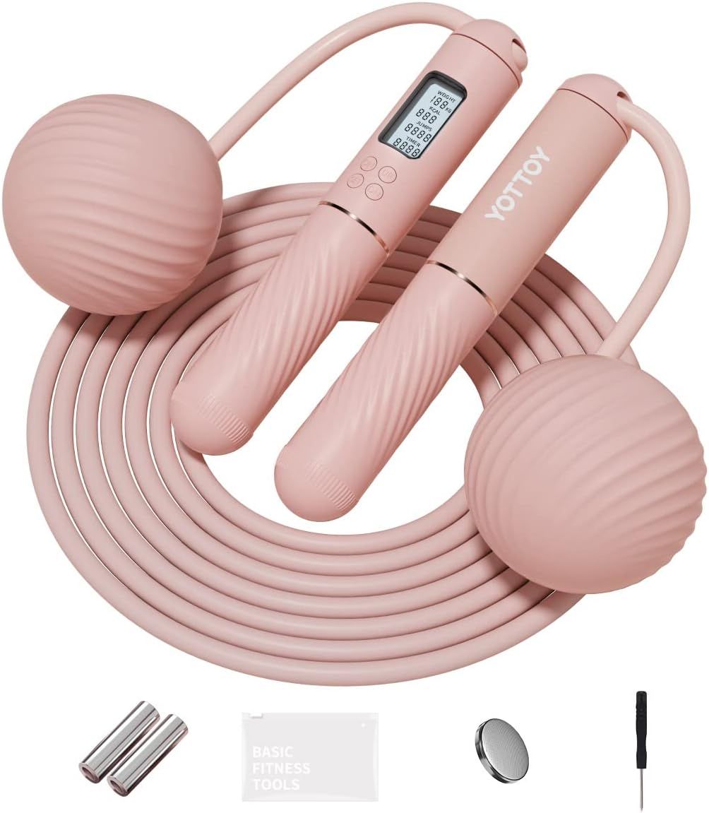 Shows the core jump rope product with its digital counter display and weighted ball handles to communicate the product's fitness tracking capabilities and ergonomic design. Displays all included…