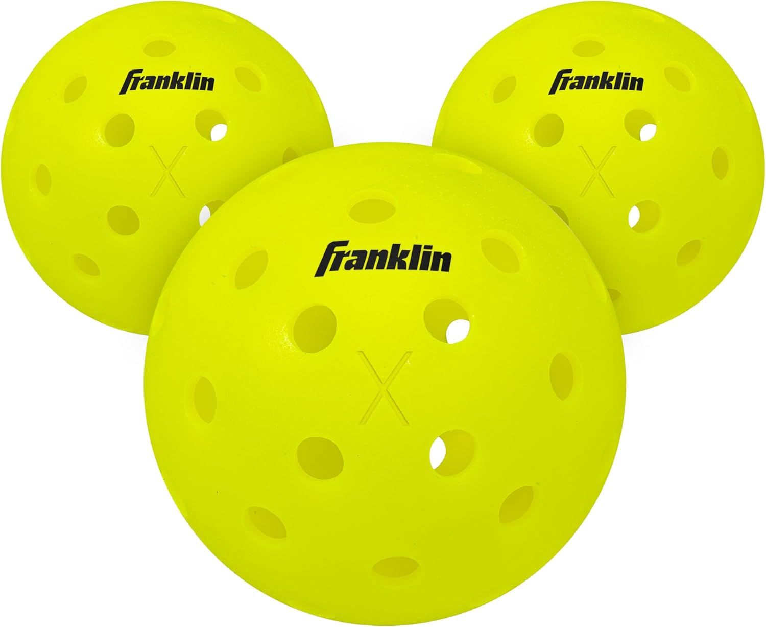 Shows three identical Franklin-branded pickleballs in bright yellow, clearly displaying the core product available for purchase.