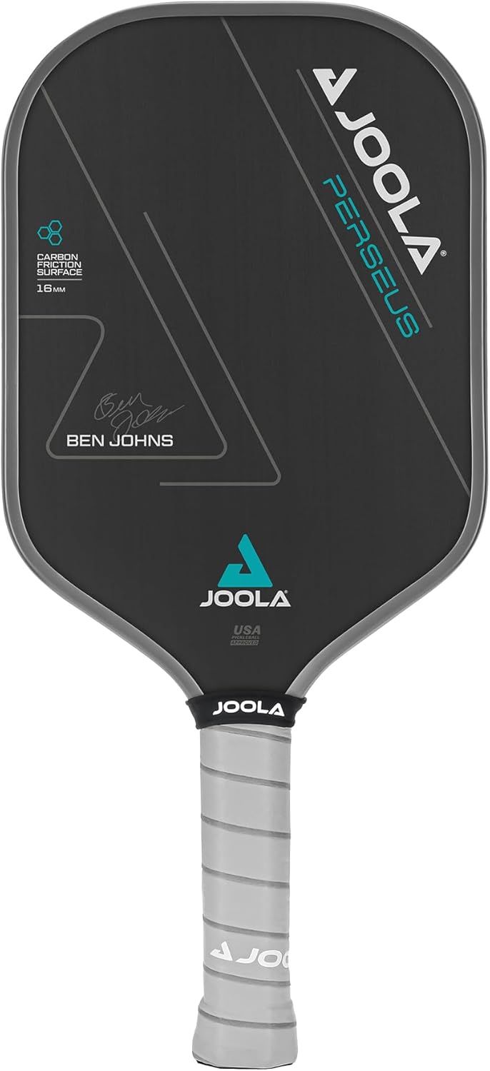 Displays the JOOLA Perseus pickleball paddle with its carbon friction surface and Ben Johns signature to communicate premium quality and professional-grade performance.