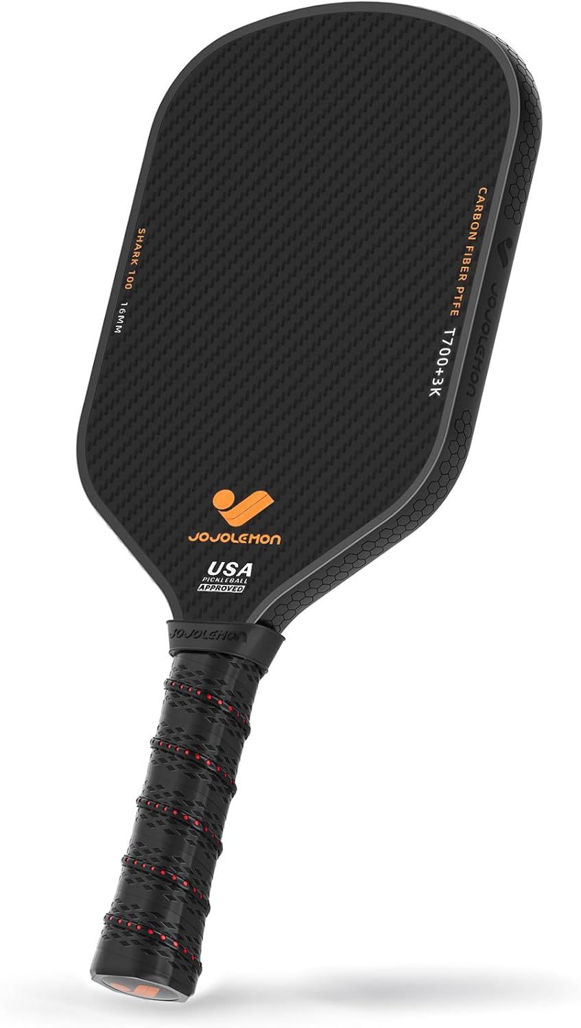 Displays the core pickleball paddle product with its carbon fiber face and textured grip, communicating quality construction and USA Pickleball approval to reassure shoppers of its performance and…