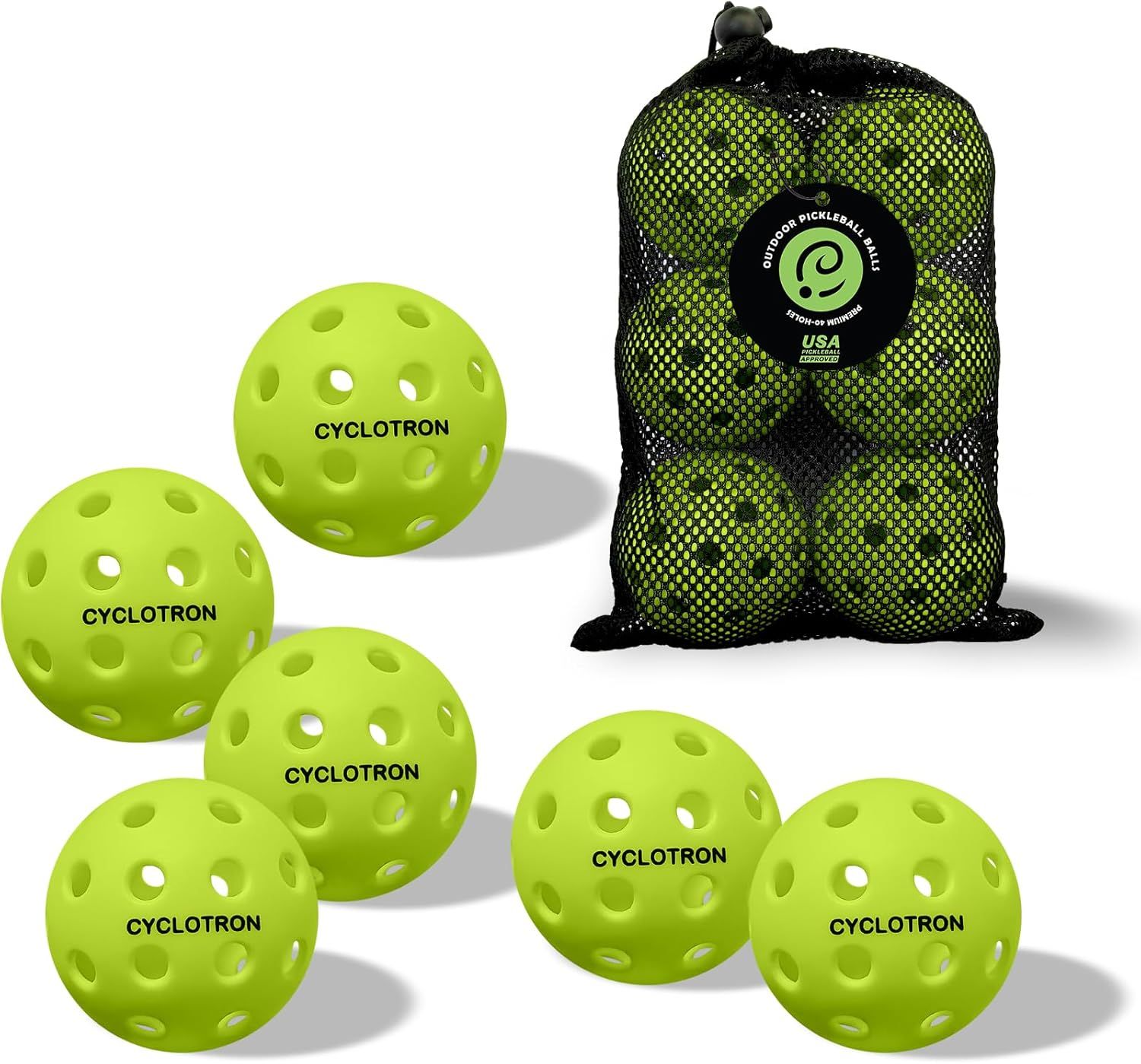 Shows the complete set of six outdoor pickleballs and the included mesh storage bag, communicating the quantity and convenience of the package. Demonstrates that the purchase includes a practical…