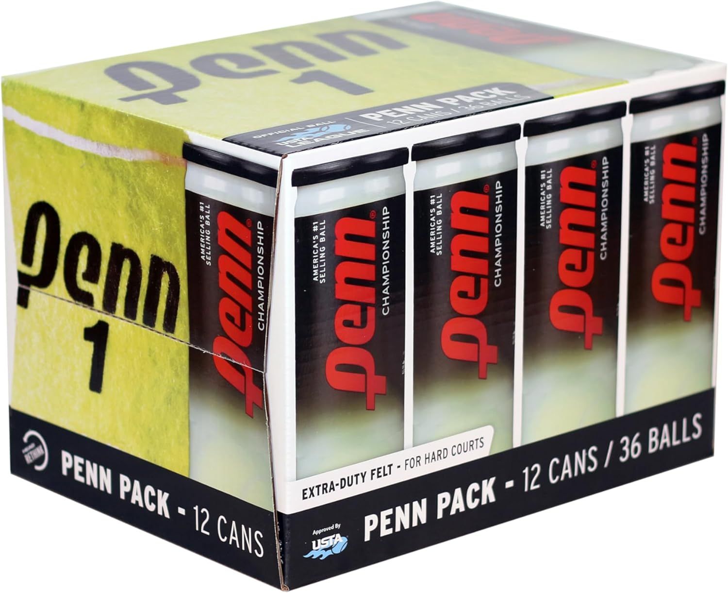 Shows the core product—a 12-can pack of Penn Championship tennis balls—clearly displayed in retail packaging to communicate quantity and brand. Displays the physical retail packaging including the…