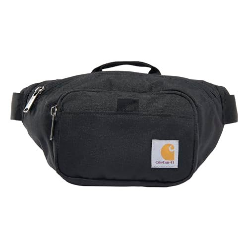 Displays the core product, a black Carhartt fanny pack, in a clean catalog-style presentation to show shoppers the item's appearance, size, and brand…