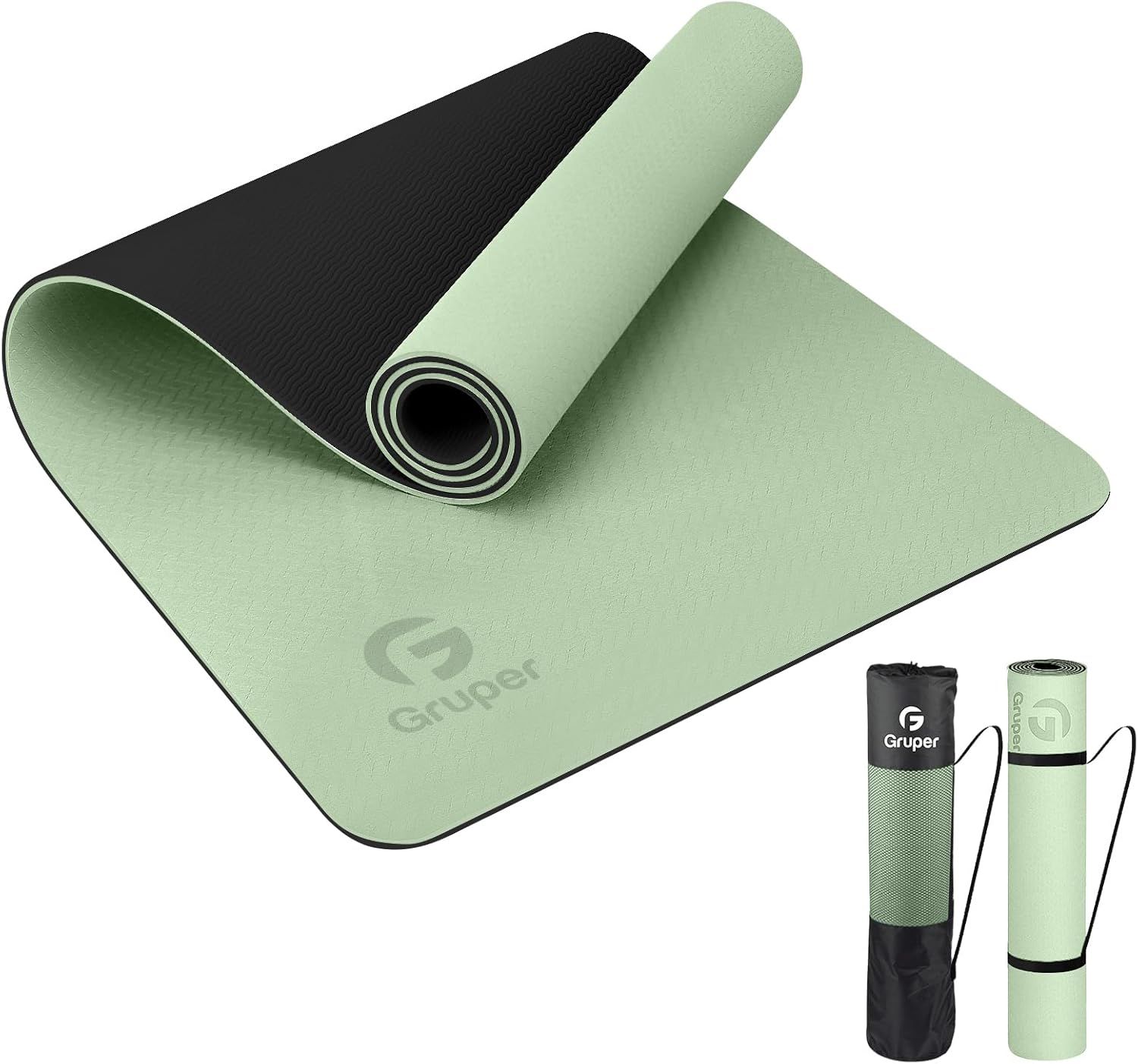 Shows the core product clearly with both sides visible to communicate the dual-color reversible design and textured surface quality. Demonstrates that the yoga mat comes with included accessories…
