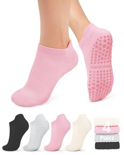Shows the core product (no-show socks) with a clear view of the non-slip grip pattern on the sole, communicating safety and functionality for activities like yoga or pilates. Displays the available…