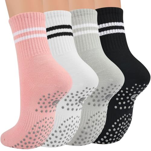 Shows the product as a 4-pack of socks in different colors with non-slip grip dots on the soles, helping shoppers understand the variety and safety feature included in the purchase. Demonstrates how…