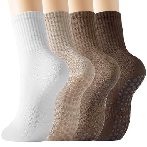 Displays the product clearly showing four color options (white, light tan, medium tan, dark brown) and the non-slip grip dots on the soles, helping shoppers understand the variety and functional…