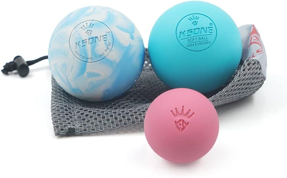 Displays the complete product set including three massage balls of different sizes and colors plus a mesh carrying pouch, showing shoppers exactly what they will receive. Shows that the purchase…