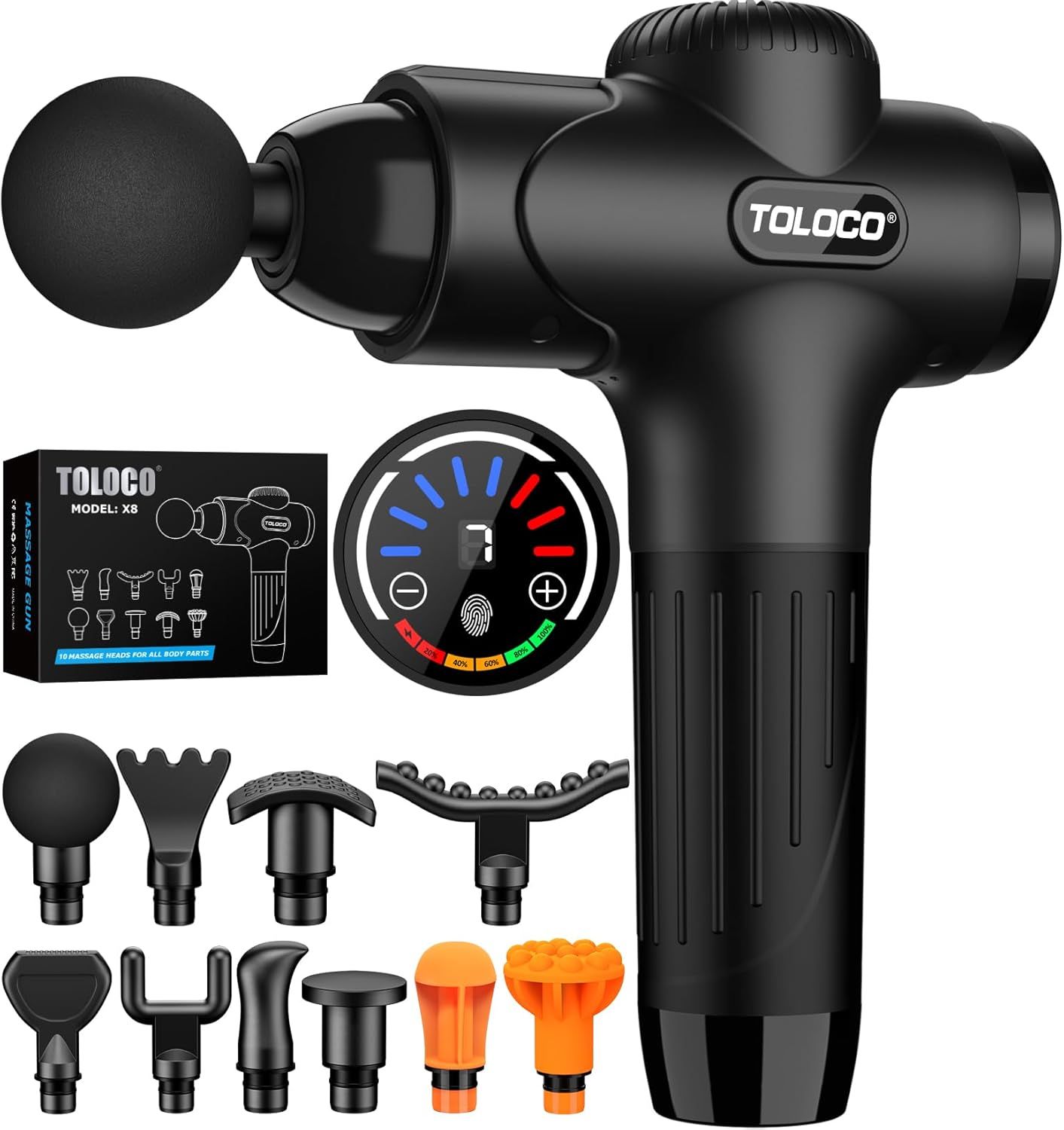 Displays the core product, a TOLOCO massage gun, along with all included massage head attachments and packaging to show the complete set the buyer receives. Shows the variety of included massage…