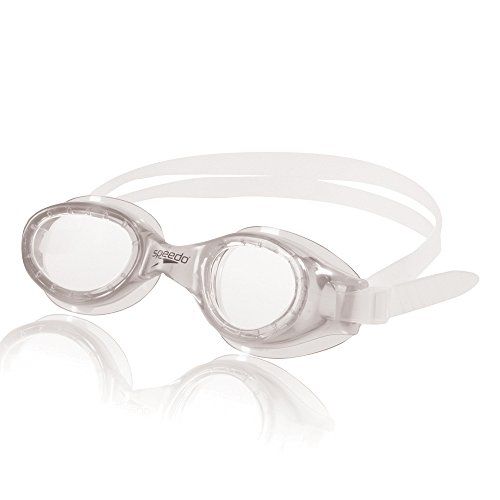 Displays the swim goggles in a clean, catalog-style presentation to show the product design, clear lenses, and adjustable strap, helping shoppers understand what they will receive. Uses a reflection…