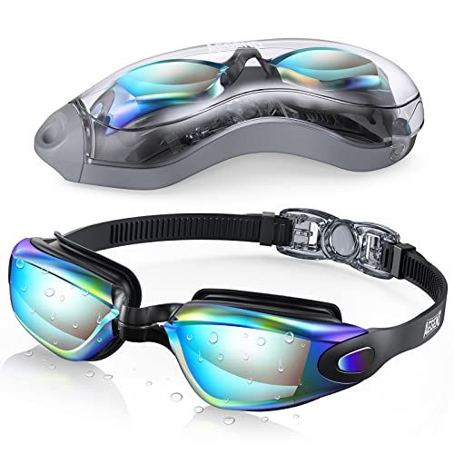 Displays the swim goggles from multiple angles to show the mirrored lens coating, adjustable strap mechanism, and overall design, helping shoppers understand the product's appearance and key…