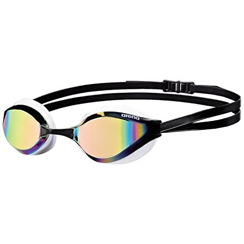 Displays the swim goggles clearly on a white background to show the product's sleek design, mirrored lenses, and adjustable strap, helping shoppers understand…