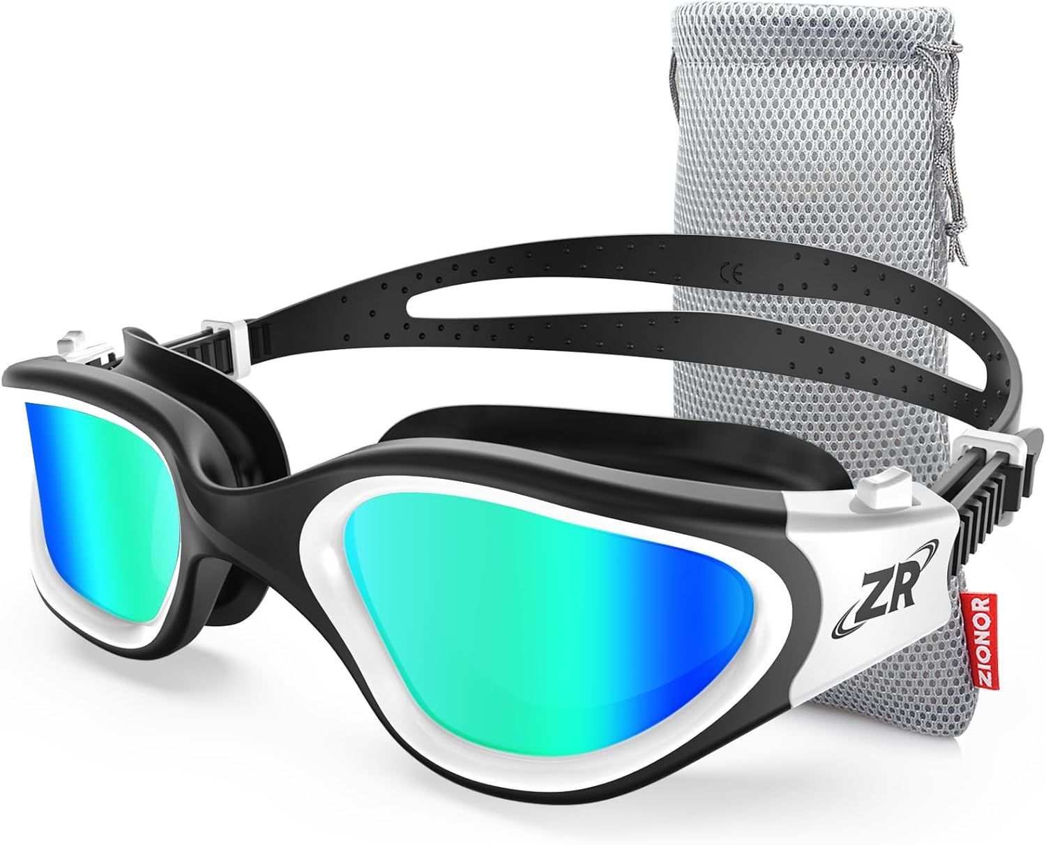 Displays the swim goggles as the core product with mirrored lenses and adjustable strap, showing the included mesh carrying pouch to communicate completeness and portability. Shows the included mesh…