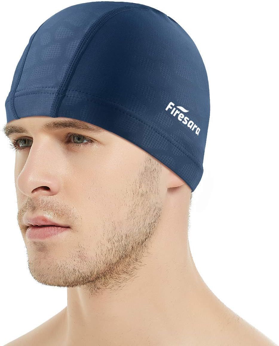 Shows the core product, a swim cap, being worn by a model to demonstrate fit, appearance, and branding, helping shoppers visualize how it looks when worn. Uses a human model to show how the swim cap…