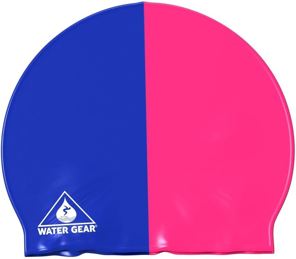 Displays the swim cap in a bold blue and pink split color design to show the product clearly and communicate its vibrant aesthetic appeal. Shows the swim cap split into two distinct colors to…