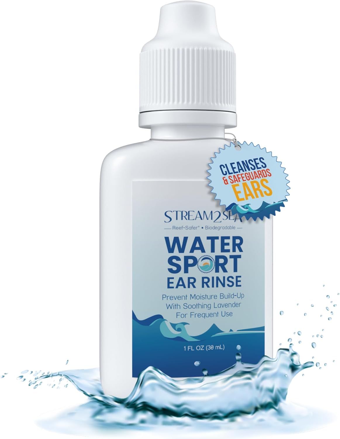 Displays the core product, a water sport ear rinse bottle, clearly showing its packaging and branding to help shoppers identify what they are purchasing. Uses added visual elements including water…