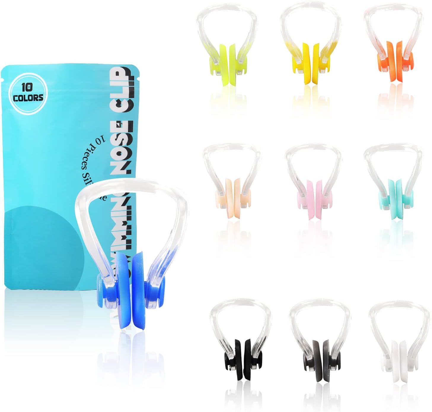 Displays the core product (nose clips) clearly to show shoppers what they are purchasing, with one featured clip and multiple color options visible. Shows the variety of color choices available for…