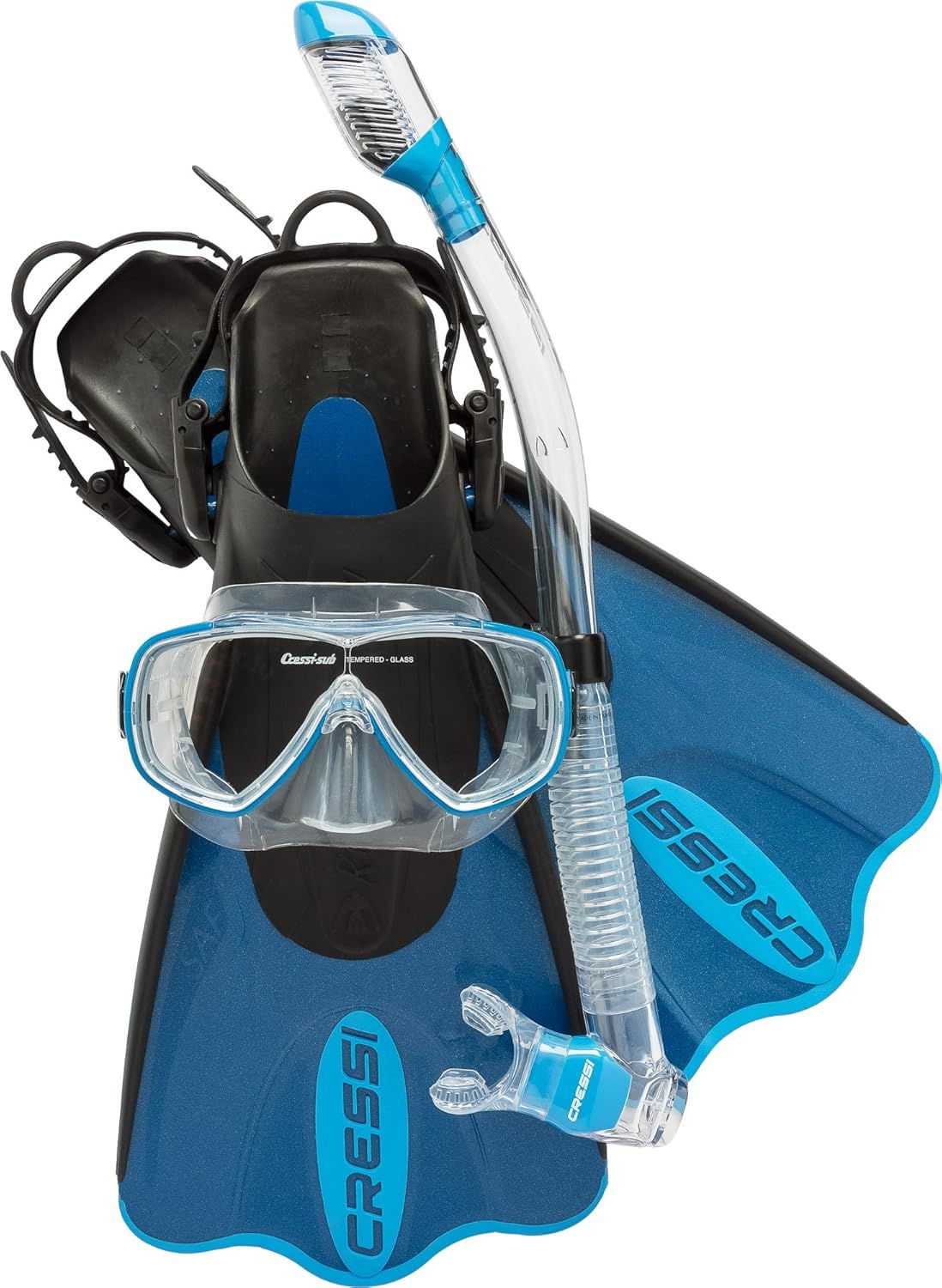 Displays the complete snorkeling kit including mask, snorkel, and fins to show shoppers exactly what they will receive in the package. Shows all the individual components that come together as a…
