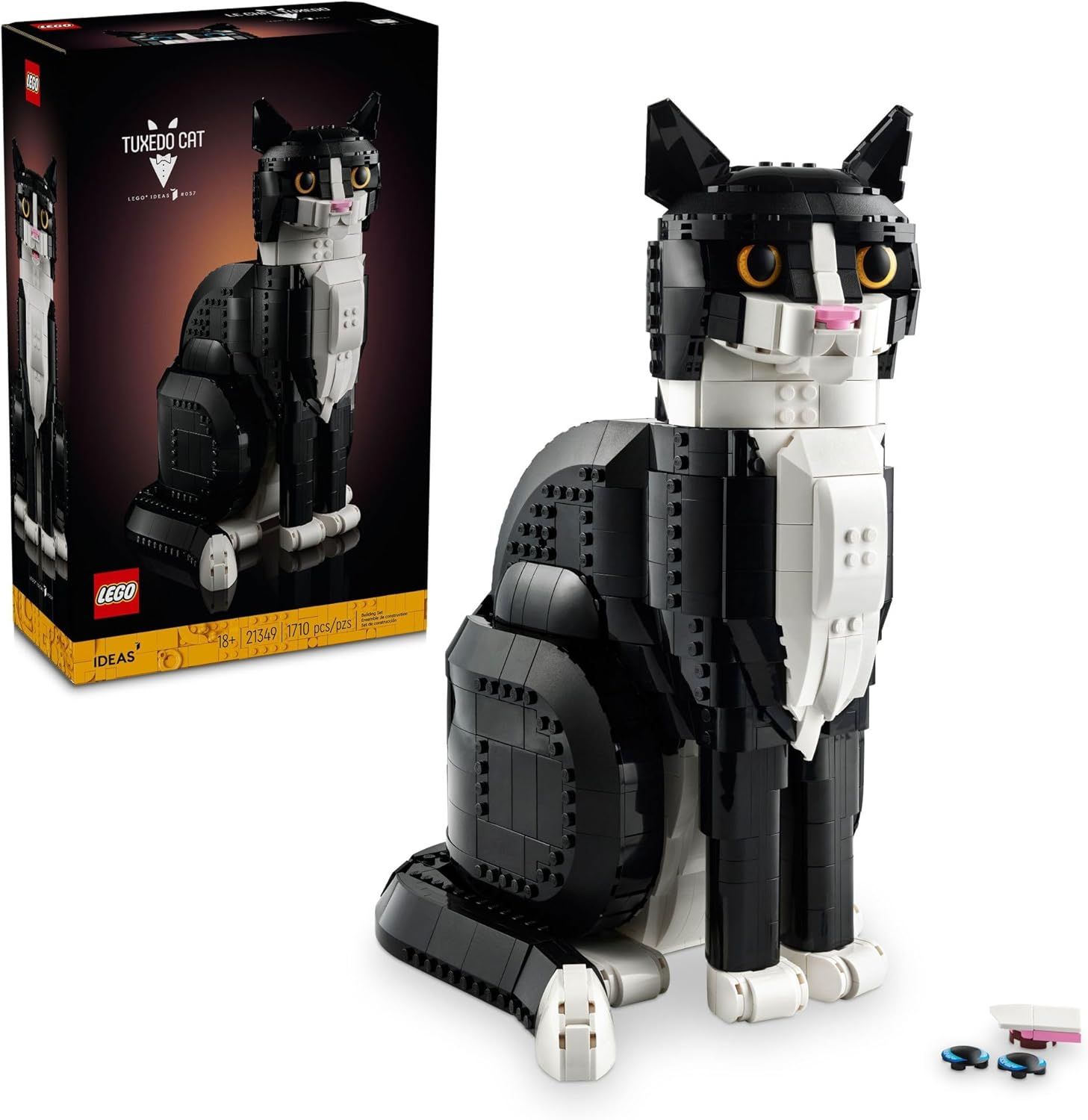 Shows the completed LEGO Tuxedo Cat model alongside its retail packaging to communicate what the buyer receives and what they can build. Displays the official…