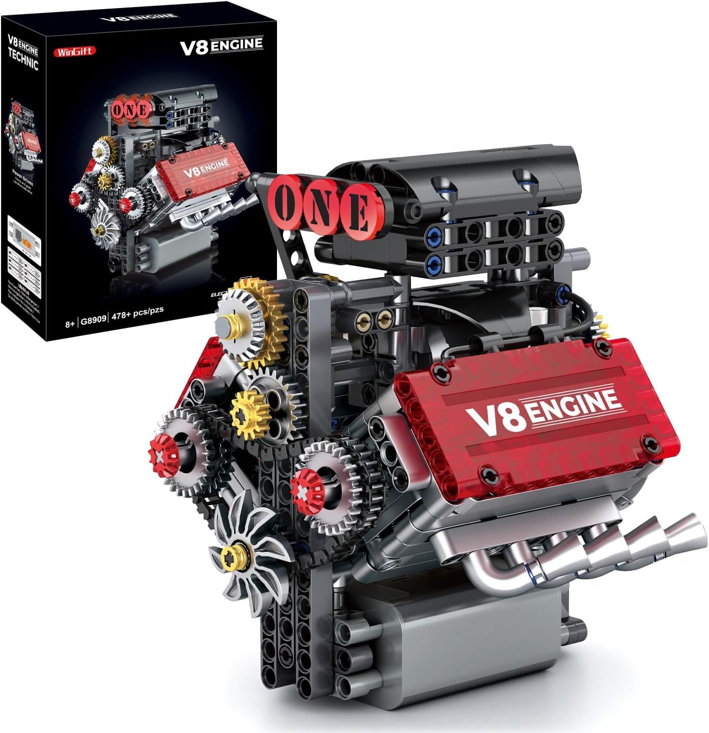 Showcases the core product—a buildable V8 engine model kit with visible gears and mechanical details—to communicate the complexity and authenticity of the construction set. Shows the retail…