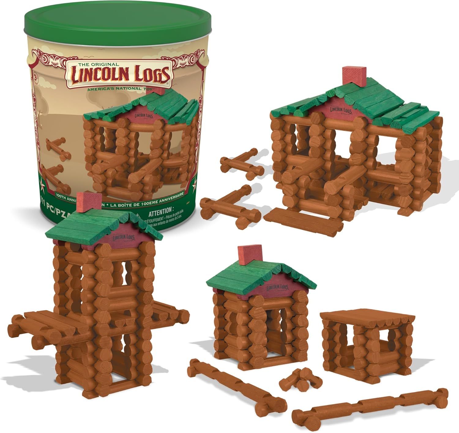 Shows the Lincoln Logs building toy set with various assembled structures to demonstrate the creative building possibilities and what can be constructed with the pieces included. Displays the iconic…