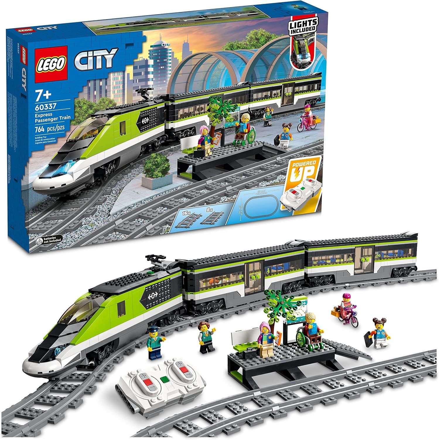 Shows the complete LEGO City Express Passenger Train set with all included components to communicate the full value and play experience the buyer will receive. Displays the official LEGO retail…