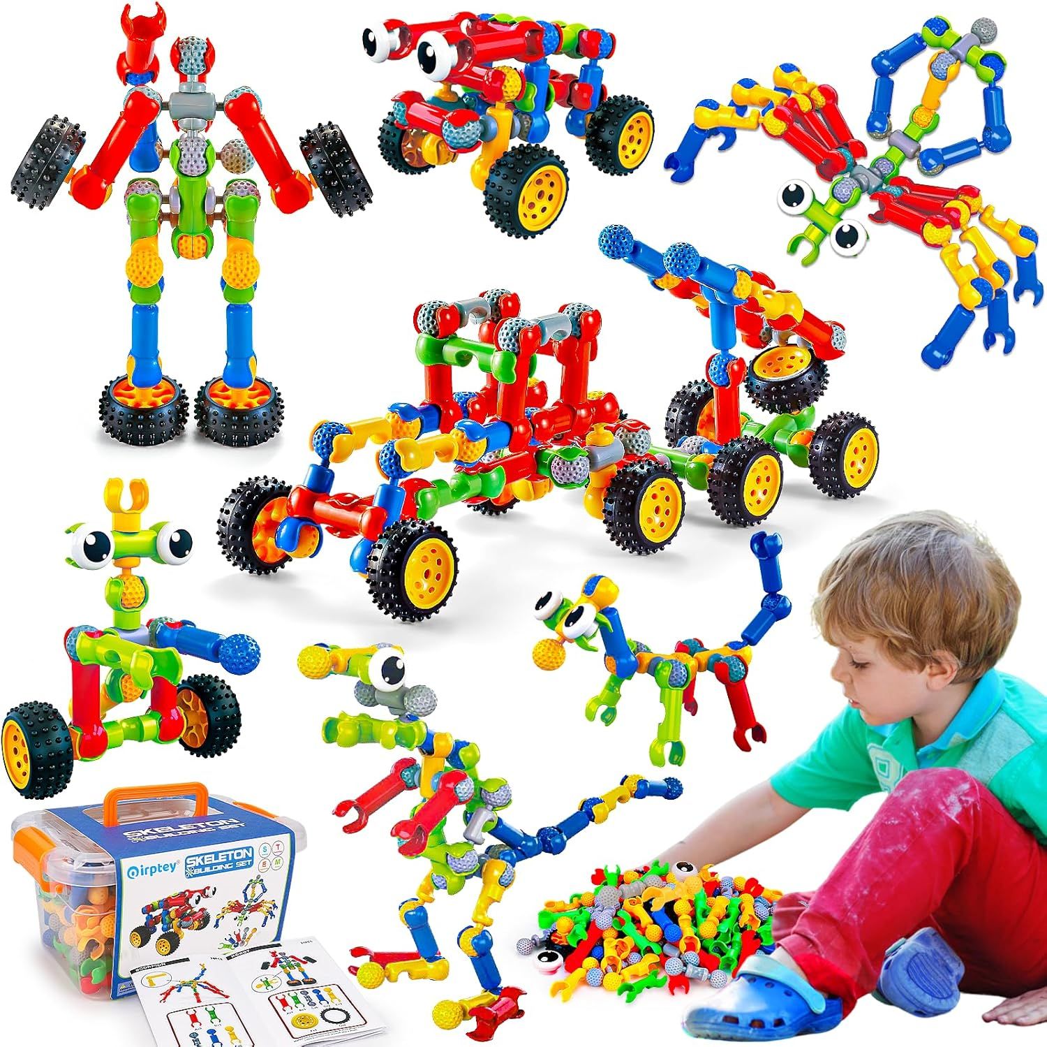 Shows the variety of creative models that can be built with this construction toy set, demonstrating the product's versatility and play value to parents and children. Shows a real child actively…