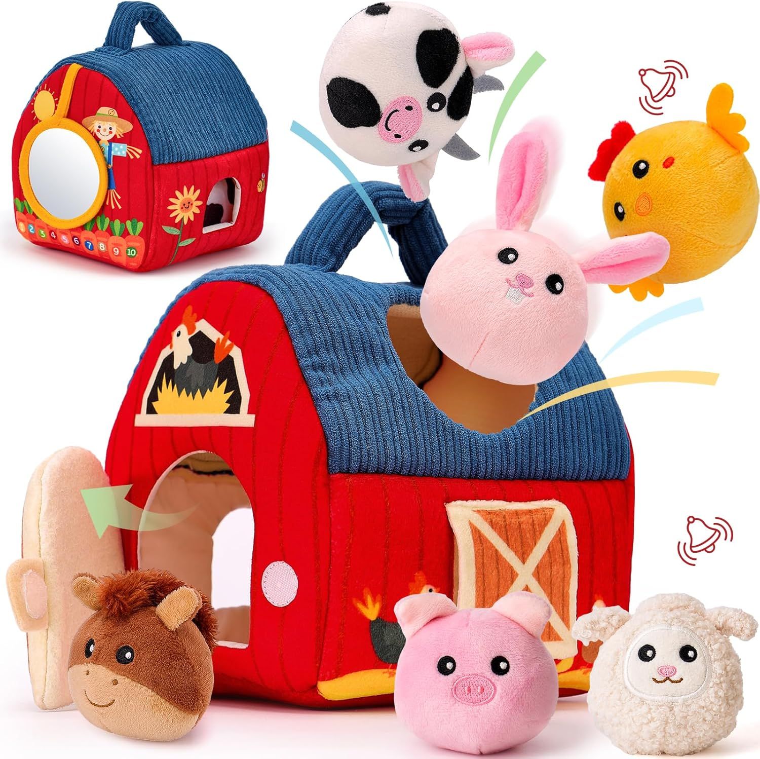 Displays the complete farm-themed toy set including the barn house carrier and all included plush animal characters to show parents exactly what their child will receive in this educational play…