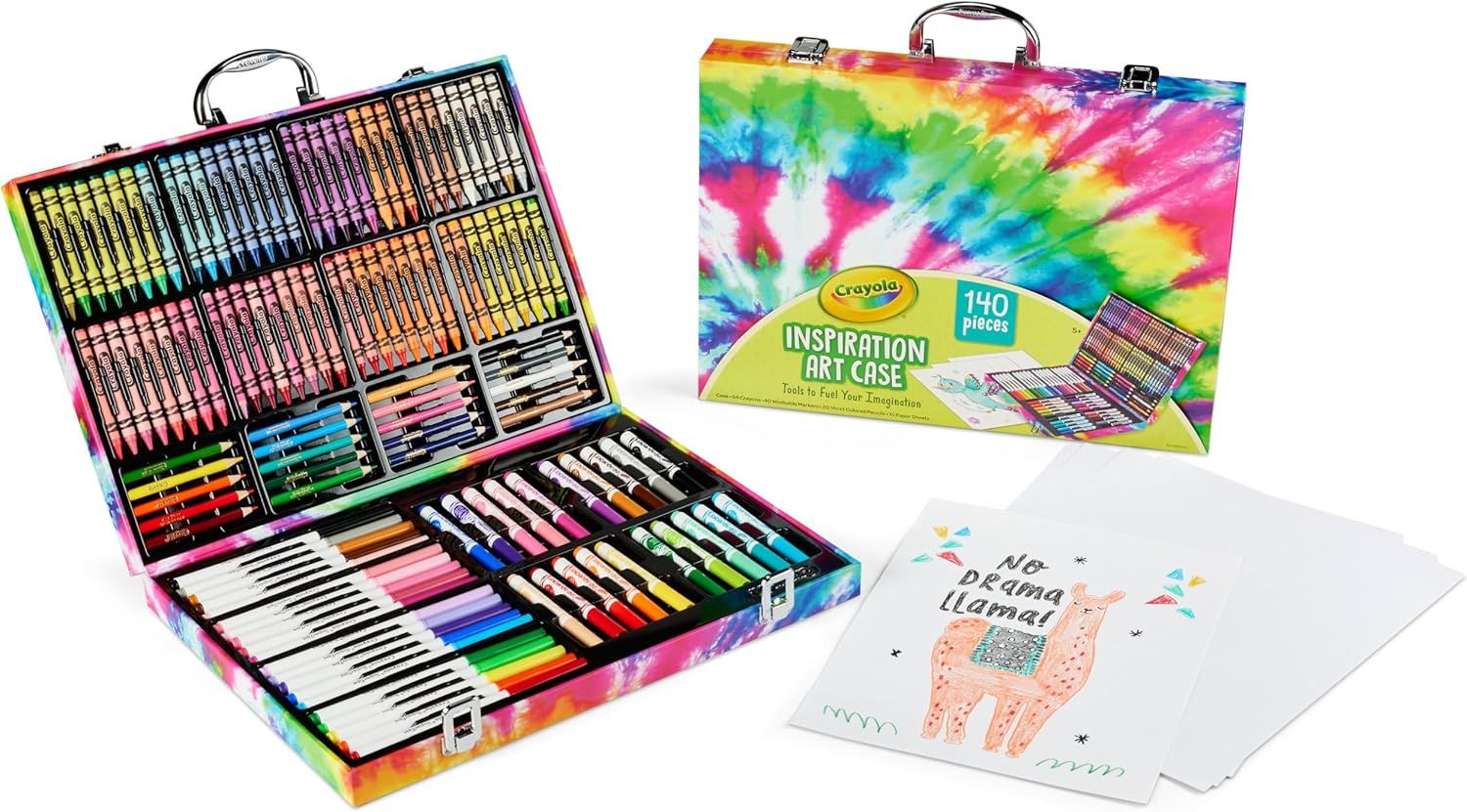 Shows the complete Crayola Inspiration Art Case with all 140 art supplies neatly organized inside the portable tie-dye case, communicating the comprehensive variety and organization of the set.…