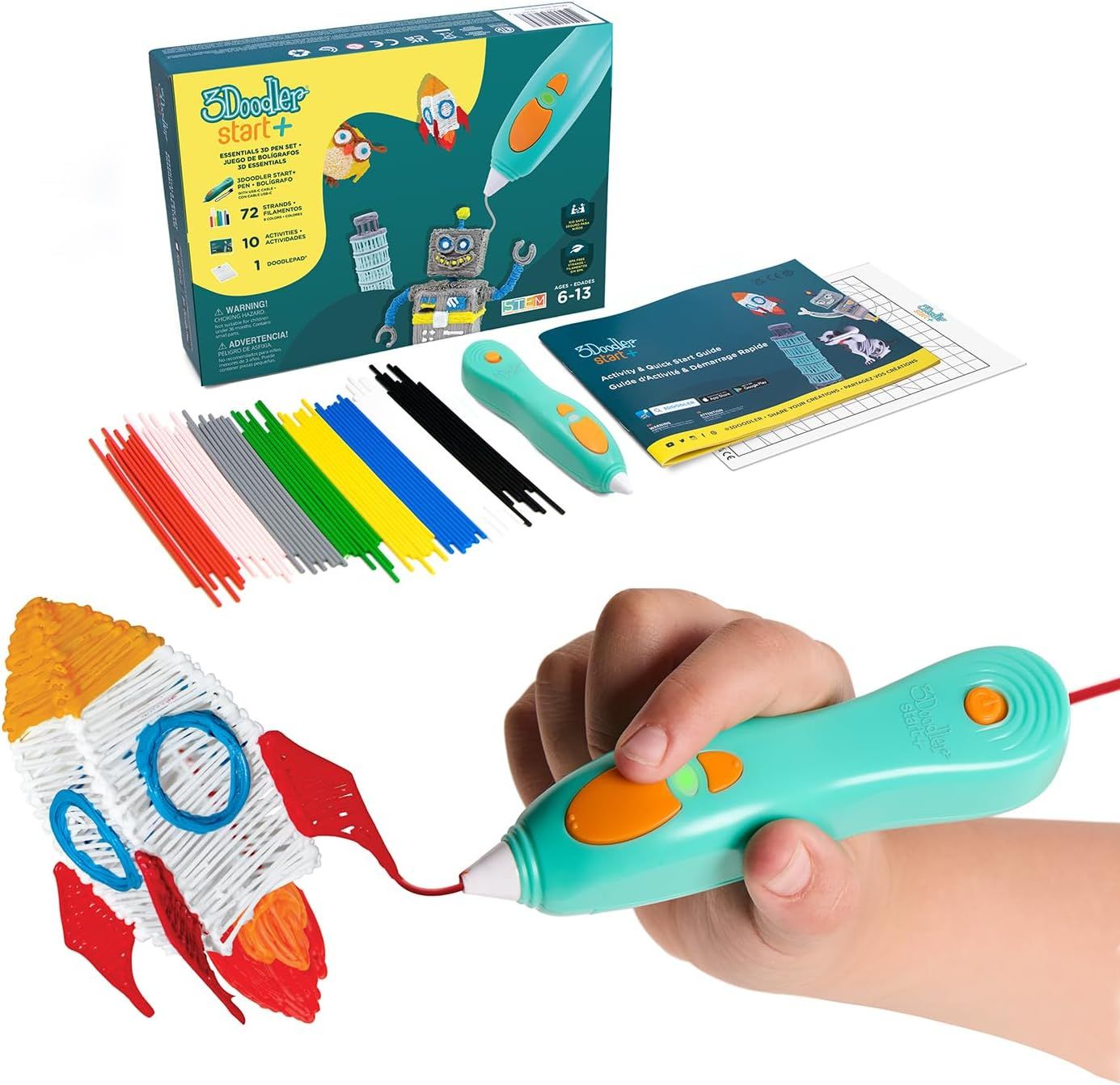 Shows the complete 3Doodler Start+ kit including the pen, colored filament strands, packaging, activity guides, and stencils to communicate everything included in the purchase. Demonstrates how the…