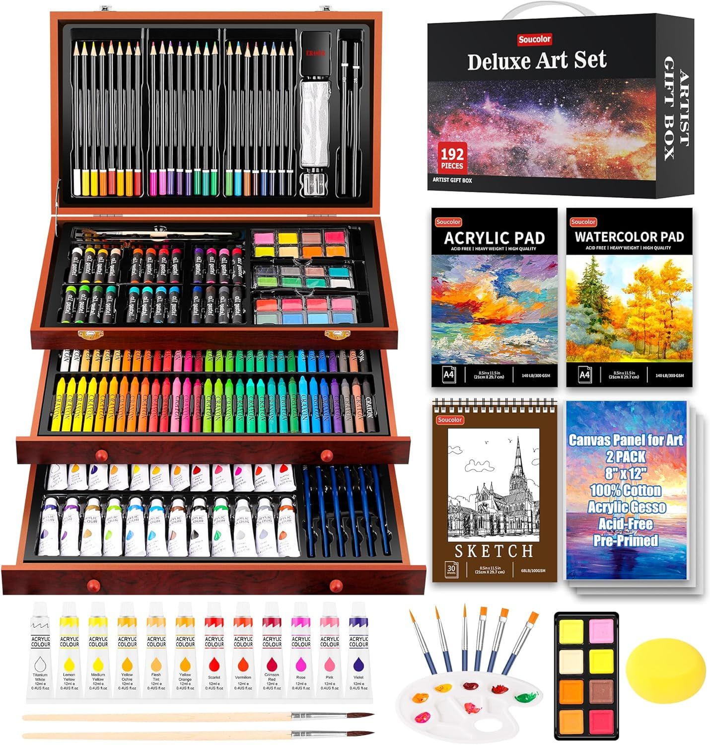 Displays the comprehensive deluxe art set with all included supplies organized in a wooden case, alongside individual product components like pads, canvases, and brushes to show the complete…