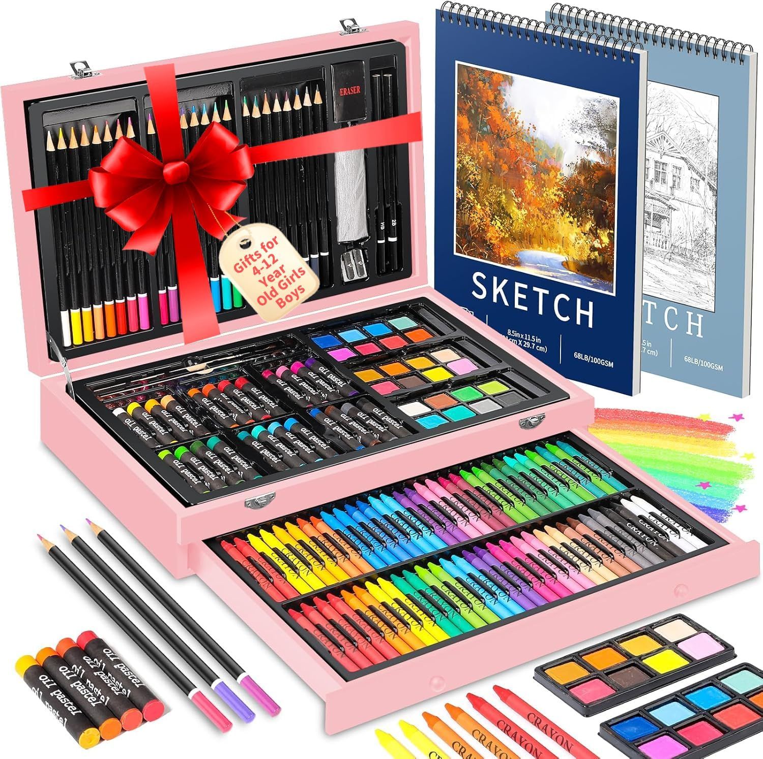 Displays the comprehensive art supply set with all included items (pencils, crayons, paints, markers, sketch pads) to show the variety and completeness of the kit for young artists. The red ribbon…