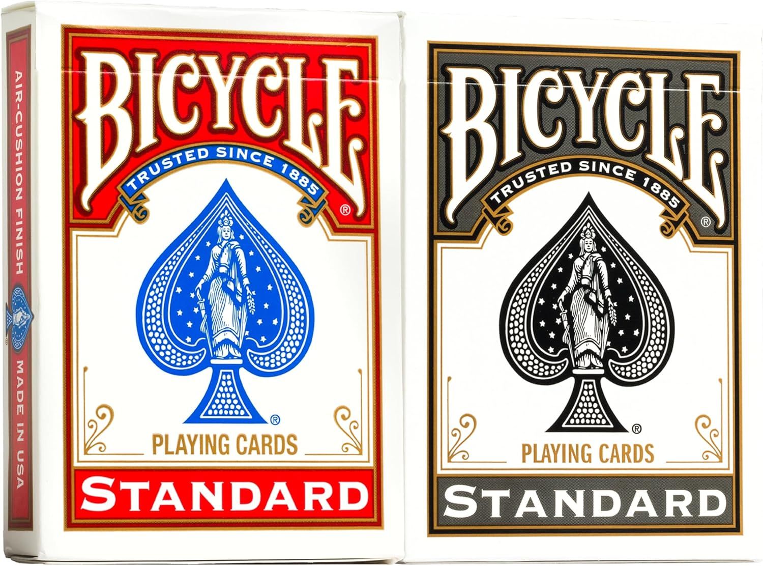Displays the core sellable product - two Bicycle Standard playing card decks in different color variants (red and black) - clearly showing the iconic packaging design and branding. Shows the two…