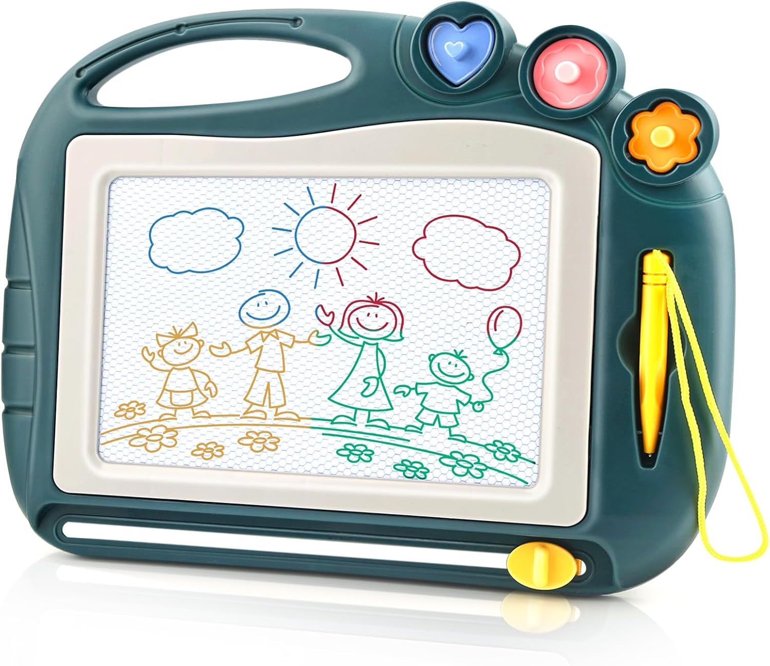 Shows the core product—a children's magnetic drawing board with stamps and stylus—demonstrating its creative play features and colorful design to appeal to parents shopping for educational toys.