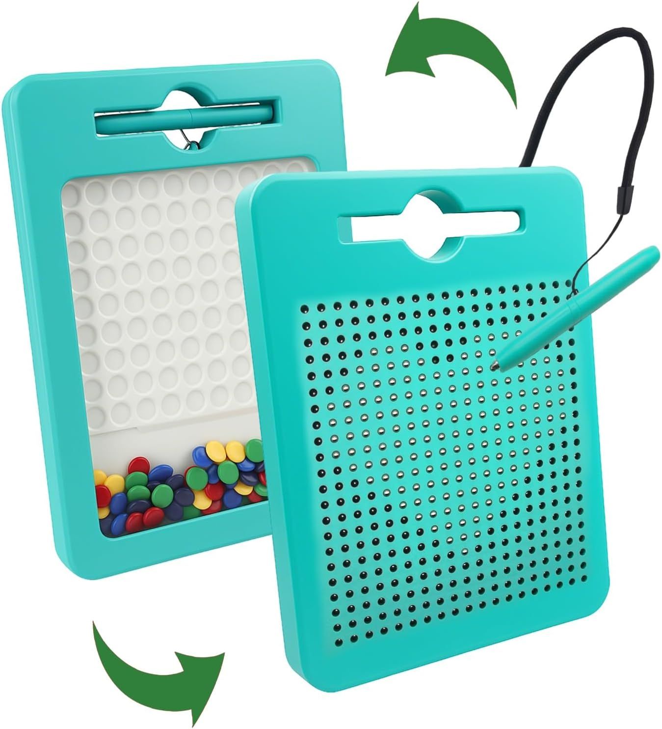 Demonstrates how the product works by showing both sides - the perforated magnetic drawing surface and the transparent back with colorful magnetic beads inside, helping shoppers understand the…