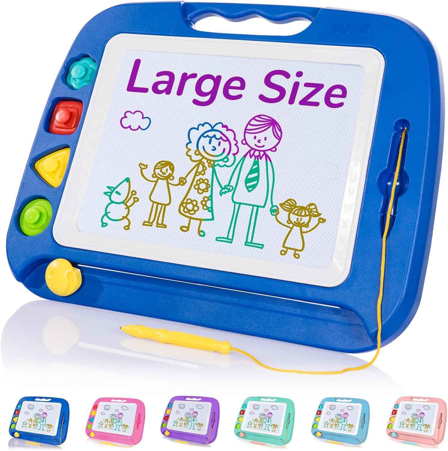 Shows the core magnetic drawing board product with its large drawing surface, colorful shape stamps, and included stylus to communicate the product's key features and functionality. Displays the six…
