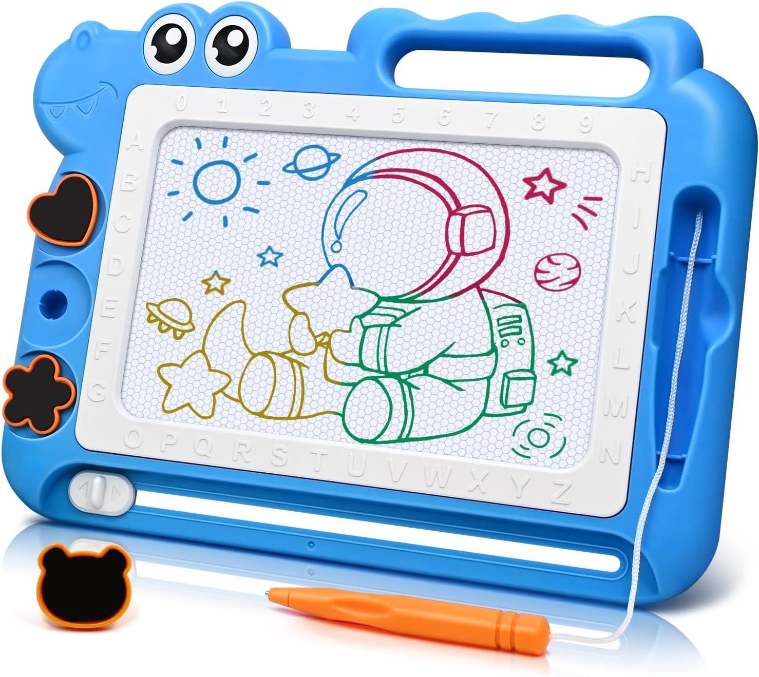 Shows the core product—a colorful magnetic drawing board with animal-themed frame—to communicate its playful design and creative drawing functionality for children. Displays the included…