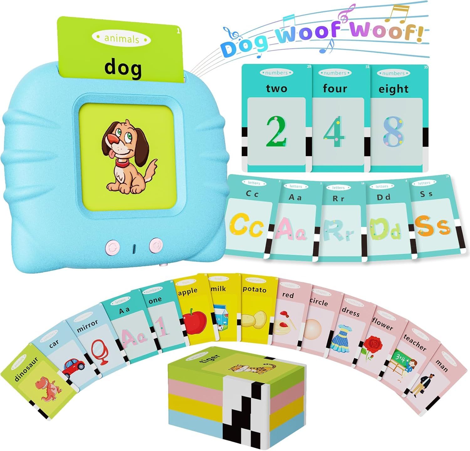 Shows the complete educational toy set including the electronic learning device and multiple flash card categories to communicate the comprehensive learning system for children. Displays all…
