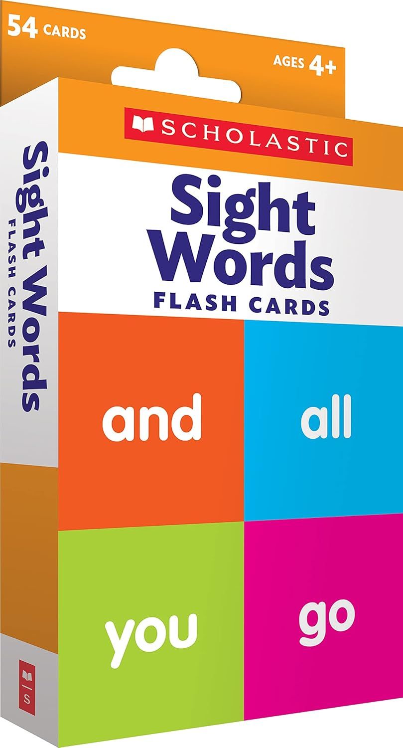Shows the physical retail packaging the buyer will receive, communicating the brand, product type, quantity, and age appropriateness of the Scholastic Sight Words flash cards. Displays the core…