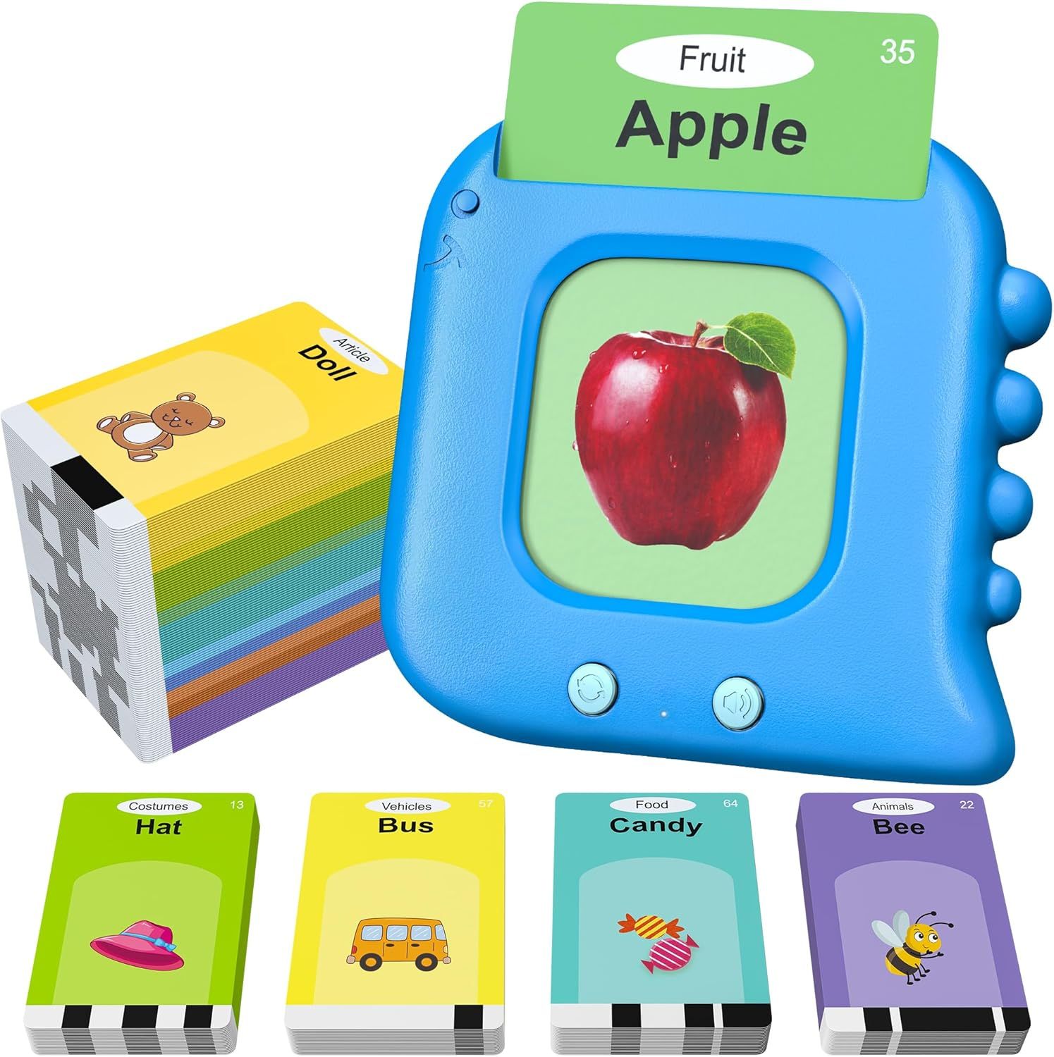 Shows the core product—a children's learning device with flash cards—to communicate what the buyer will receive and how the educational toy system works. Demonstrates the included flash card…