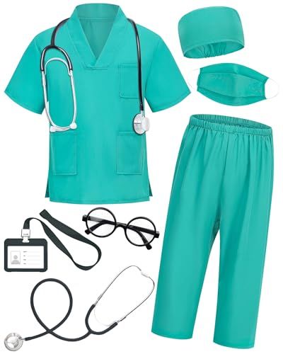 Displays the complete medical scrubs uniform set including top, pants, cap, and mask to show shoppers exactly what items are included in the purchase. Shows all the included accessories that come…
