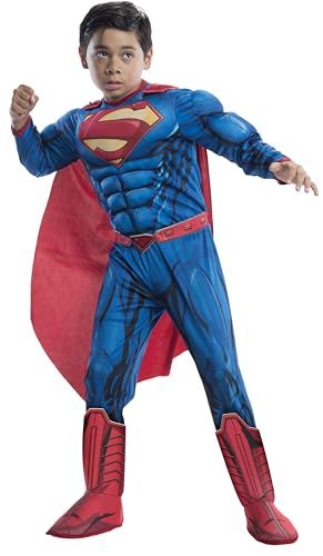 Shows a child wearing the Superman costume to demonstrate fit, scale, and how the product looks when worn, helping parents visualize the costume on their child. Displays the full Superman costume…