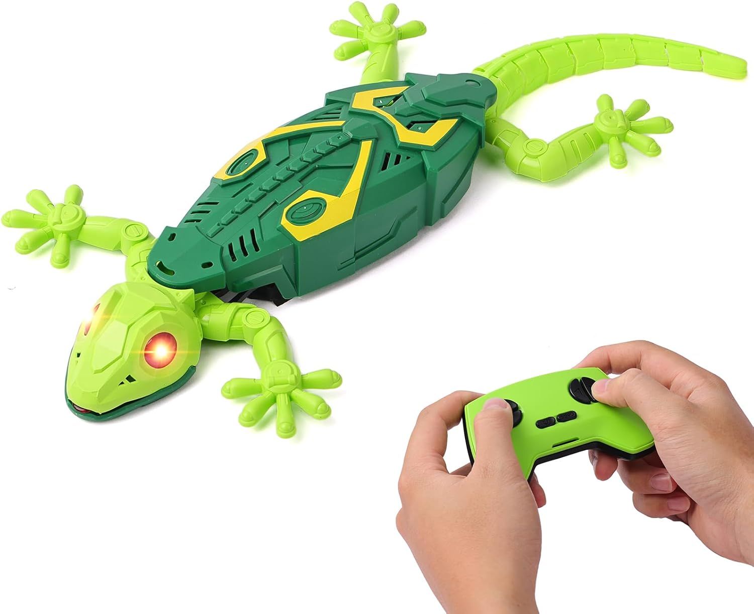 Shows the core product—a remote-controlled lizard toy—clearly displayed with its controller to communicate what the buyer will receive and how it operates. Demonstrates how the toy is controlled via…